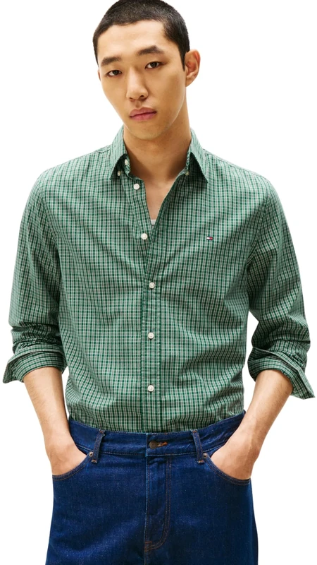 Tommy Hilfiger Men’s Flex Poplin Mini Tartan Regular Fit Shirt, Green (Ornamental Green/Check), S