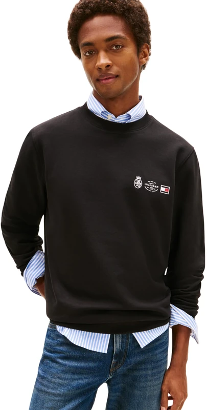 Tommy Hilfiger Men’s Round Neck Small Crest Outline Sweatshirt, Black (Black), XXL