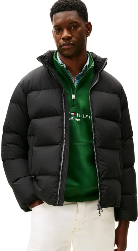 Tommy Hilfiger Men’s Down Puffer Jacket with Stand Collar, Black (Black), XL