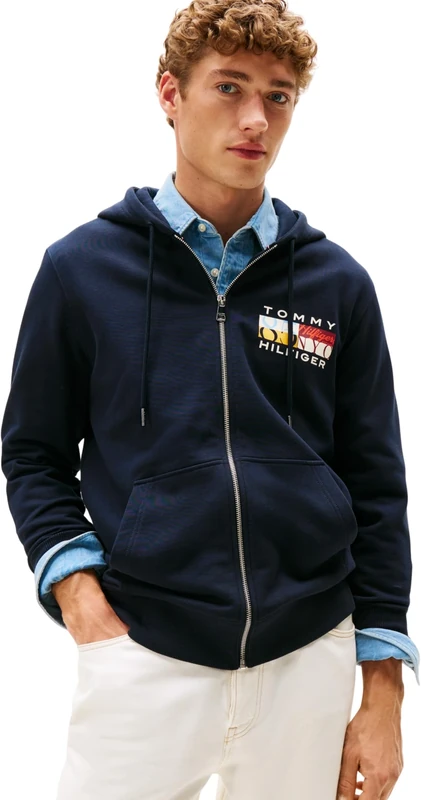 Tommy Hilfiger Men’s Colour Flag Zip Through Hoodie with Logo, Blue (Desert Sky), M