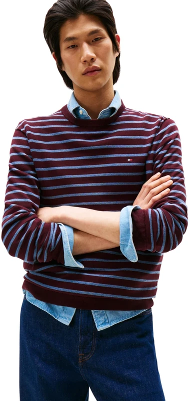 Tommy Hilfiger Men’s Essential Cotton Round Neck Jumper, Multicolor (Deep Burgundy/Petrol Blue HTR), M
