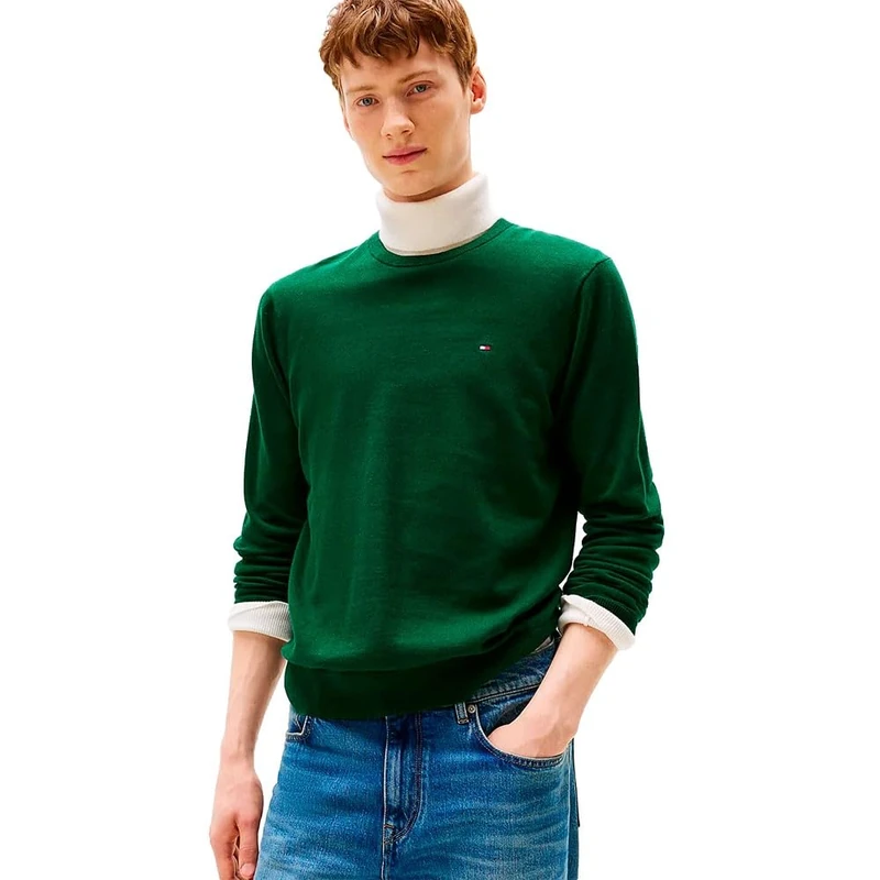 Tommy Hilfiger Men’s Essential Cotton Round Neck Jumper, Green (Ornamental Green Heather), M