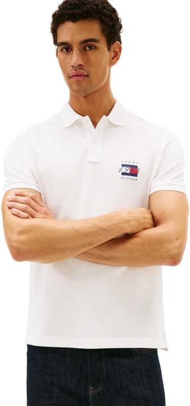 Tommy Hilfiger Men’s Short Sleeve Flag Graphic Pique Regular Fit Polo Shirt, White (Ecru), XL