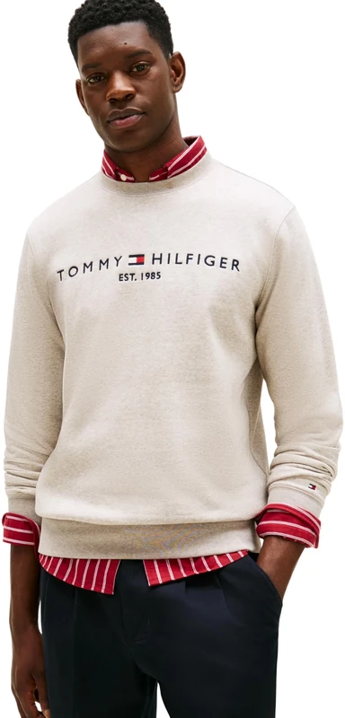 Tommy Hilfiger Men’s Tommy Logo Sweatshirt without Hood, Beige (Heathered Pebble), L