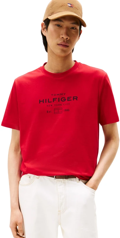Tommy Hilfiger Men’s Short Sleeve Round Neck Stack Graphic T-Shirt, Red (Medium Red), XS