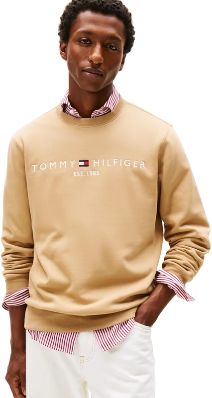 Tommy Hilfiger Men’s Tommy Logo Sweatshirt without Hood, Beige (Timeless Camel), XL