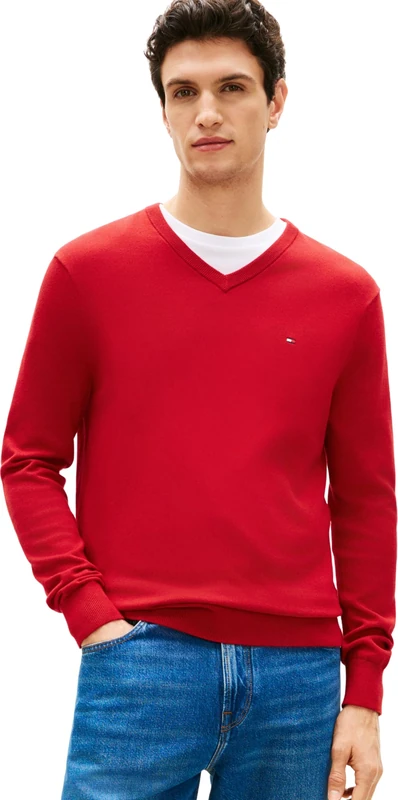Tommy Hilfiger Men’s Essential Cotton V-Neck Jumper, Red (Medium Red), 3XL
