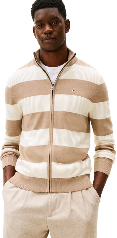 Tommy Hilfiger Men’s Zip Through Cotton Jumper with Stand Collar, Beige (Coastal Taupe/Ivory Petal), S