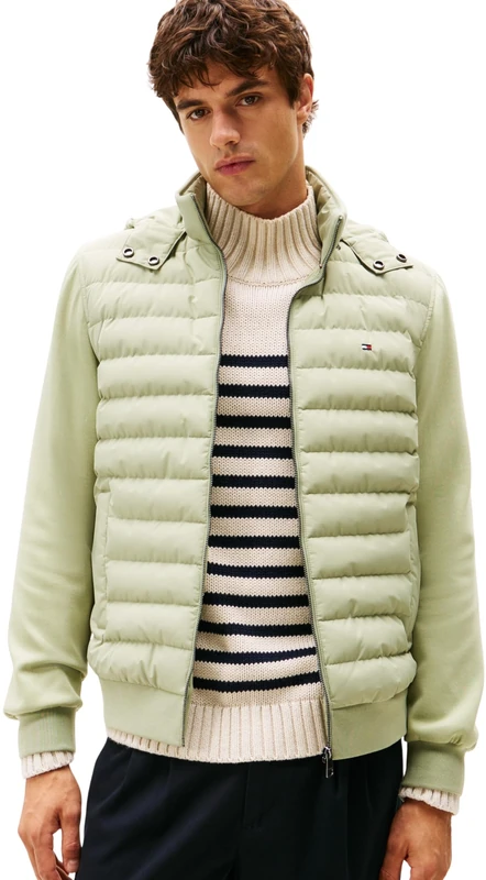 Tommy Hilfiger Men’s Mix Media Quilted Zip Through Hoodie, Green (Earth Sage), XS