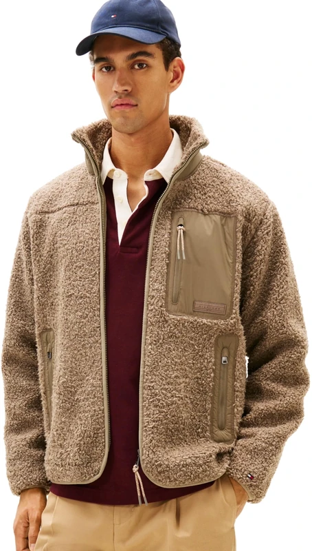 Tommy Hilfiger Men’s Teddy Fleece Zip Through Sweatshirt with Stand Collar, Beige (Coastal Taupe), XXL