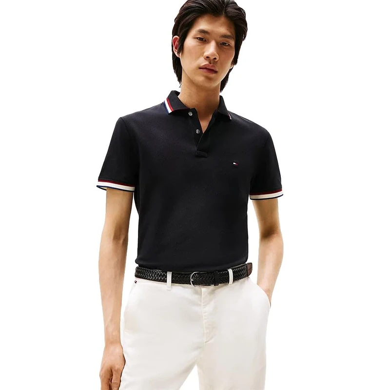 Tommy Hilfiger Men’s Short Sleeve Cuff Interest Slim Fit Polo Shirt, Black (Black), XXXL