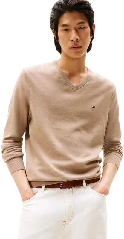 Tommy Hilfiger Men’s Essential Cotton V-Neck Jumper, Beige (Coastal Taupe), M
