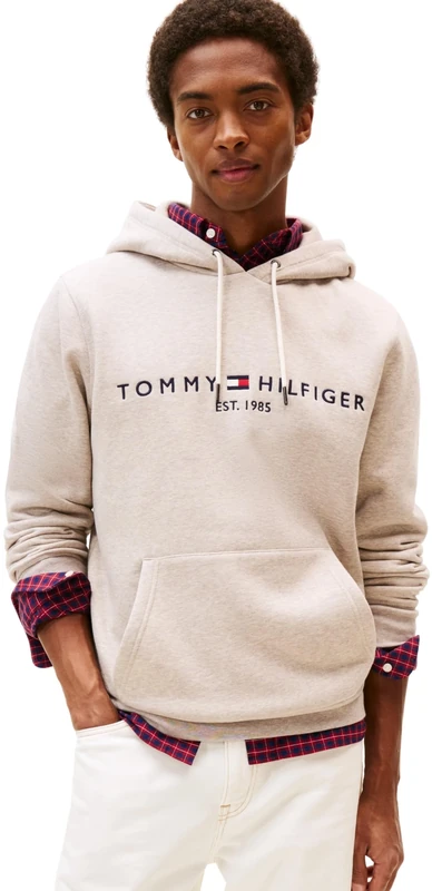 Tommy Hilfiger Men’s Tommy Logo Hoodie, Beige (Heathered Pebble), M