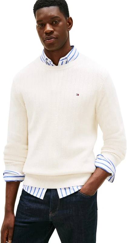 Tommy Hilfiger Men’s Ribbed Knit Crew Neck Jumper, Off-White (Ivory Petal), M