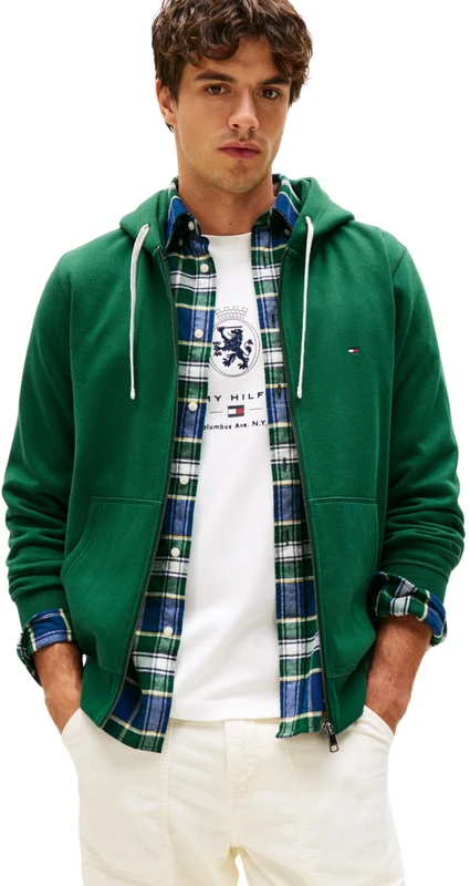 Tommy Hilfiger Men’s Essential Fleece Zip Through Hoodie with Pockets, Green (Ornamental Green), XXL