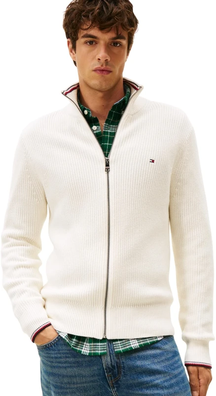 Tommy Hilfiger Men’s Zip Through Ribbed Jumper with Stand Collar, Off-White (Ivory Petal), M