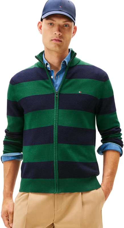 Tommy Hilfiger Men’s Zip Through Cotton Jumper with Stand Collar, Multicolor (Ornamental Green/Desert Sky), L