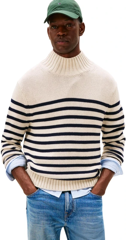 Tommy Hilfiger Men's Breton Stripe Cotton Jumper with Mock Neck, Multicolor (Oatmilk HTR/Desert Sky), S