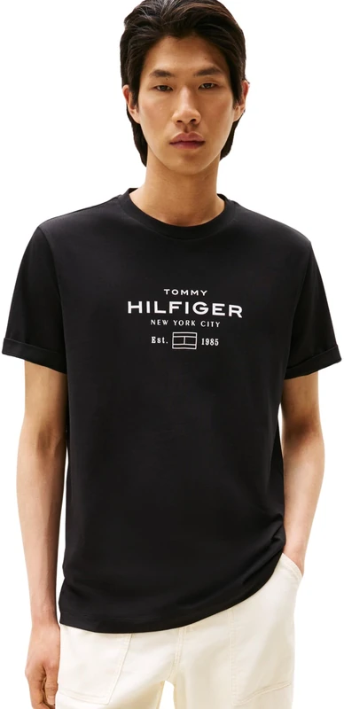 Tommy Hilfiger Men’s Short Sleeve Round Neck Stack Graphic T-Shirt, Black (Black), L