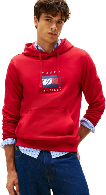 Tommy Hilfiger Men’s Linear Flag Graphic Cotton Hoodie, Red (Medium Red), M