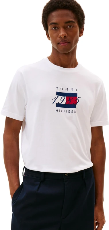 Tommy Hilfiger Men’s Short Sleeve Linear Flag Graphic Regular Fit T-Shirt, White (White), XS