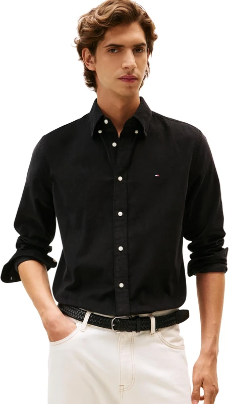 Tommy Hilfiger Men’s Solid Corduroy Regular Fit Shirt, Black (Black), XL