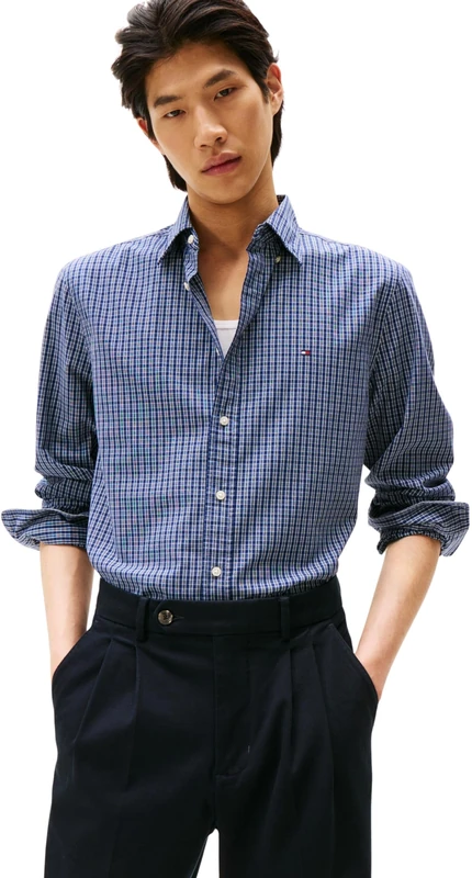 Tommy Hilfiger Men’s Flex Poplin Mini Tartan Regular Fit Shirt, Blue (Preppy Navy/Check), S