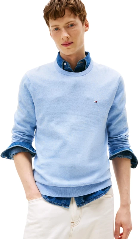 Tommy Hilfiger Men’s Essential Cotton Round Neck Jumper, Blue (Vessel Blue Heather), XS