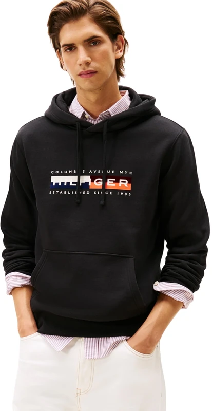 Tommy Hilfiger Men’s Colour Block Graphic Hoodie with Logo, Black (Black), XXL