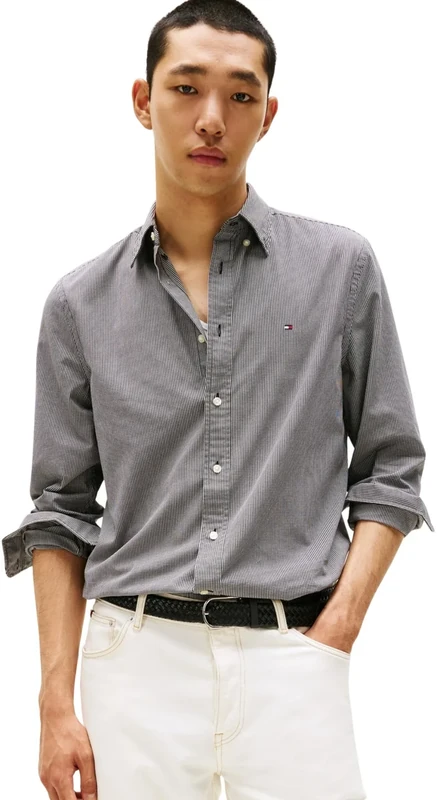Tommy Hilfiger Men’s Flex Poplin Micro Gingham Regular Fit Shirt, Grey (October Grey/Check), S