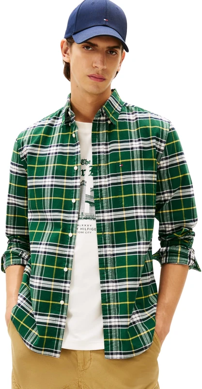 Tommy Hilfiger Men’s Brushed Oxford Check Regular Fit Shirt, Green (Ornamental Green/Check), XXL