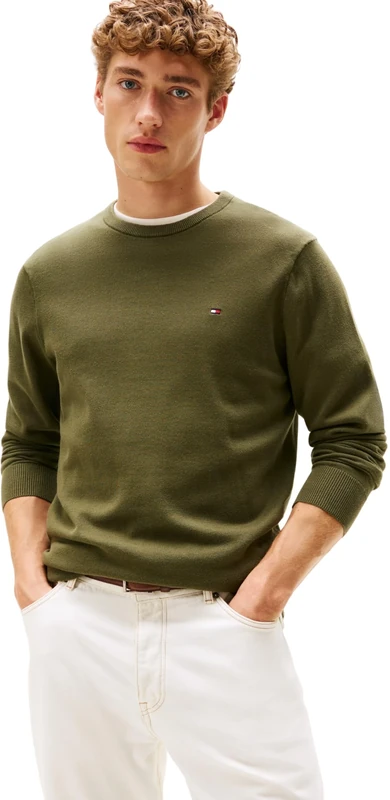 Tommy Hilfiger Men’s Essential Cotton Round Neck Jumper, Green (Huntsman Green), L