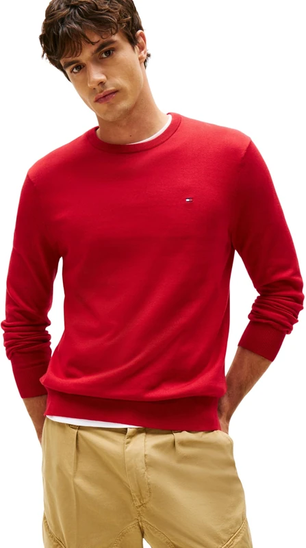 Tommy Hilfiger Men’s Essential Cotton Round Neck Jumper, Red (Medium Red), L - Image 1