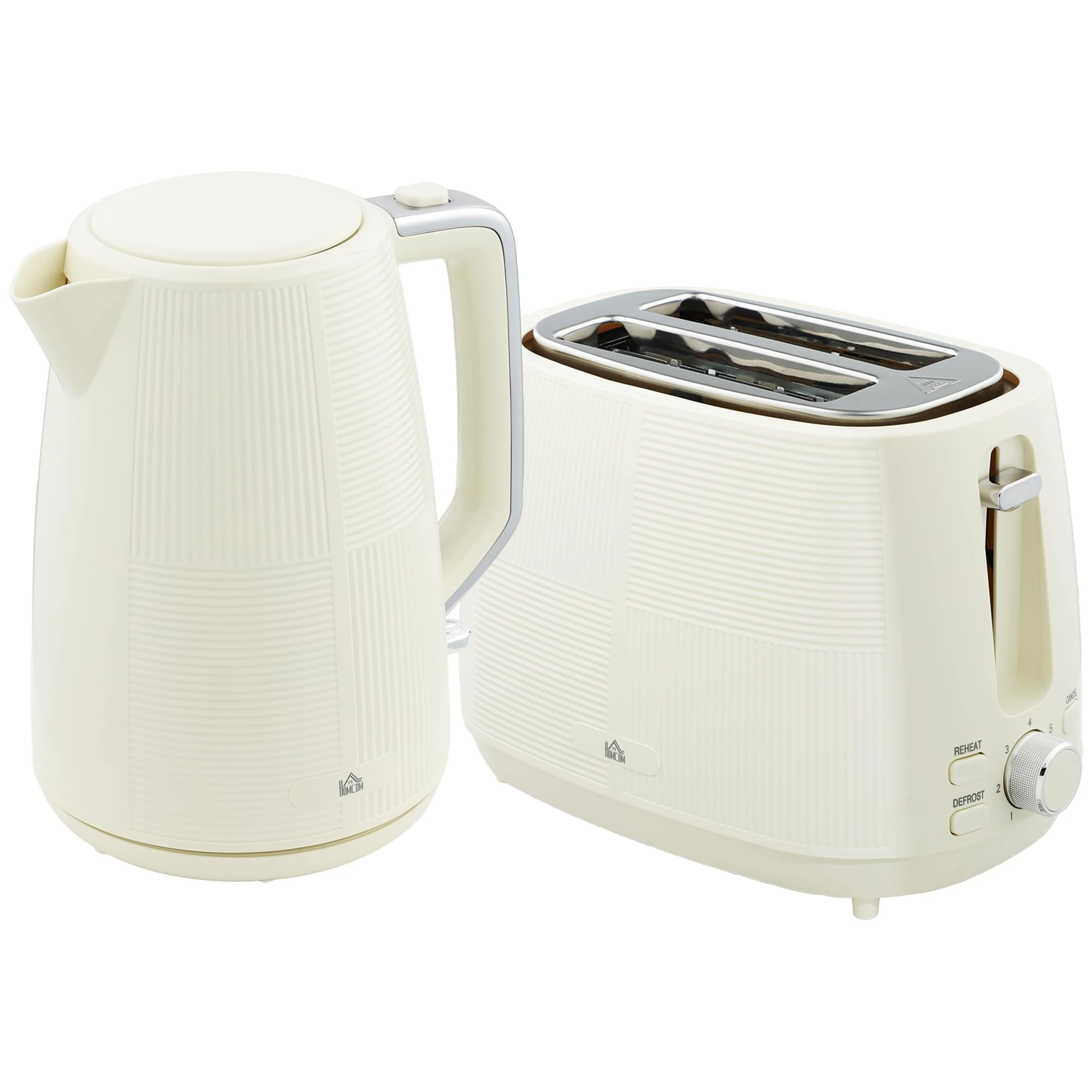 HOMCOM Kettle and Toaster Set, 1.7L 3000W Fast Boil Kettle & 2 Slice Toaster Kitchen Set with 7 Level Browning Controls, Defrost, Reheat, Boil-Dry Protection, Cream White