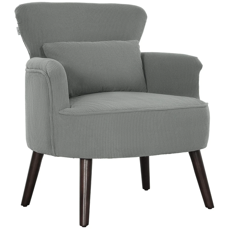 HOMCOM Modern Armchair, Upholstered Corduroy Accent Chair with Thick Padded Seat, Lumbar Pillow, Rubber Wood Legs, Cuddle Chair for Living Room Bedroom Office, Light Grey