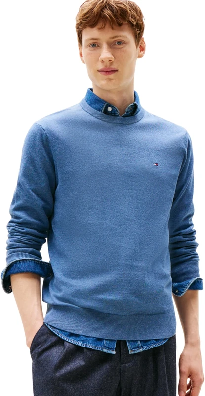 Tommy Hilfiger Men’s Essential Cotton Round Neck Jumper, Blue (Petrol Blue Heather), XS