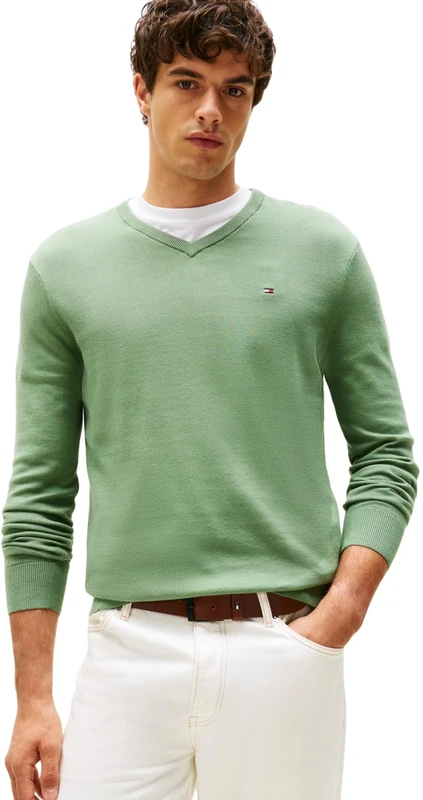 Tommy Hilfiger Men's Essential Cotton V Neck MW0MW14745 Pullover Sweater, Green, M