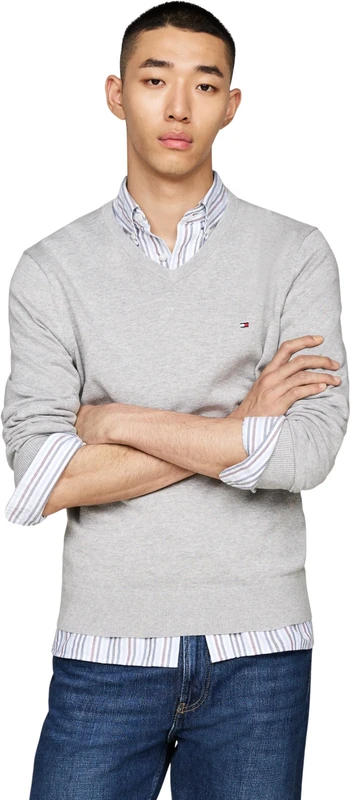 Tommy Hilfiger Men’s Essential Cotton V-Neck Jumper, Grey (Light Grey Heather), XXL