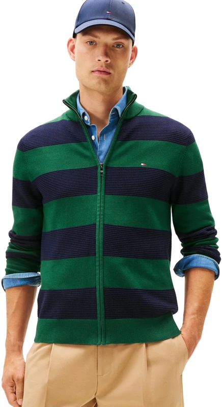 Tommy Hilfiger Men’s Zip Through Cotton Jumper with Stand Collar, Multicolor (Ornamental Green/Desert Sky), XXL