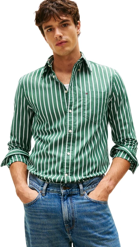 Tommy Hilfiger Men’s Flex Poplin Ground Stripe Regular Fit Shirt, Green (Ornamental Green/Stripe), XXL