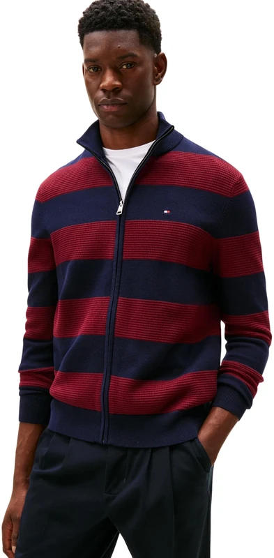 Tommy Hilfiger Men’s Zip Through Cotton Jumper with Stand Collar, Multicolor (Desert Sky/Deep Rouge), S
