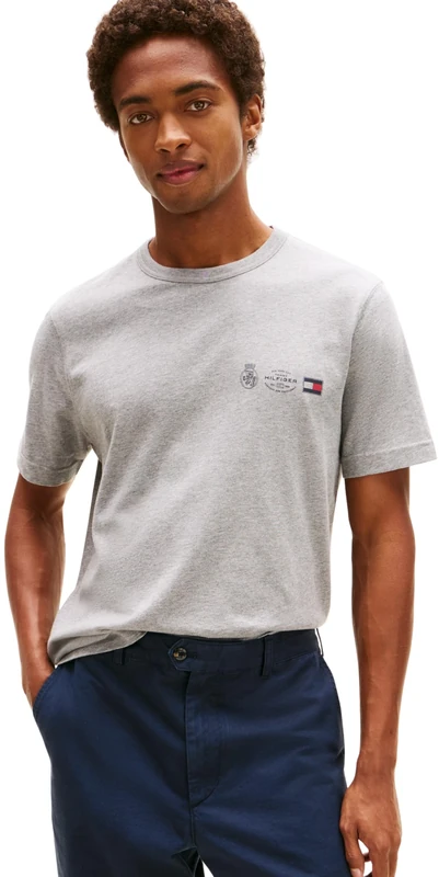 Tommy Hilfiger Men’s Short Sleeve Round Neck Small Crest Outline T-Shirt, Grey (Medium Grey Heather), XXL
