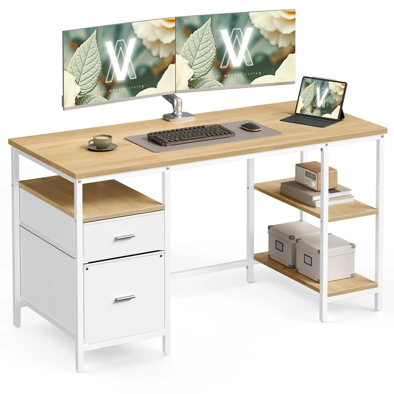 VASAGLE Computer Desk, Work Desk with Storage, 3 Shelves, 2 Drawers, 60 x 140 x 76 cm, for Home Office, Living Room, Modern Style, Natural Oak and Pearl White LWD104Y01