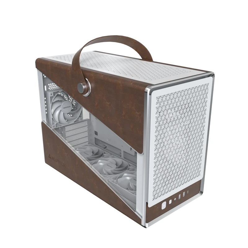 MONTECH Heritage mATX, Micro Form Factor Compact Leather Gaming Chassis with Signature Handle Design, Supports Latest GPUs, ATX PSU, 360mm AIO, 4 Fans, Headphone Hanger - White - Image 1