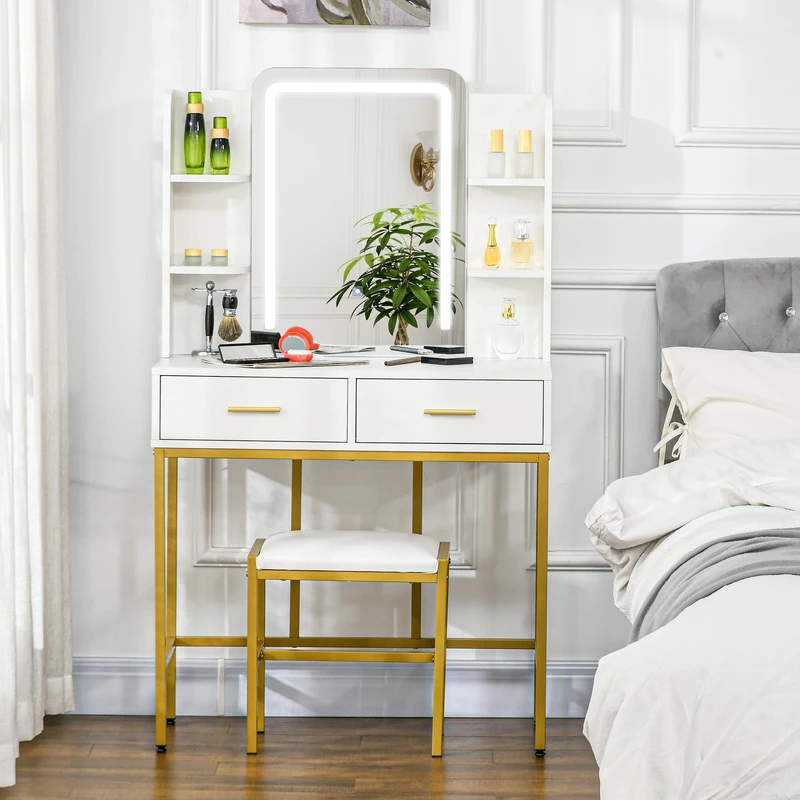 HOMCOM Dressing Table with Mirror, Cushioned Stool, 3 Colour LED Lights, Makeup Vanity Desk Set with Drawers and Open Shelves, Modern Dresser Vanity Table for Bedroom, White