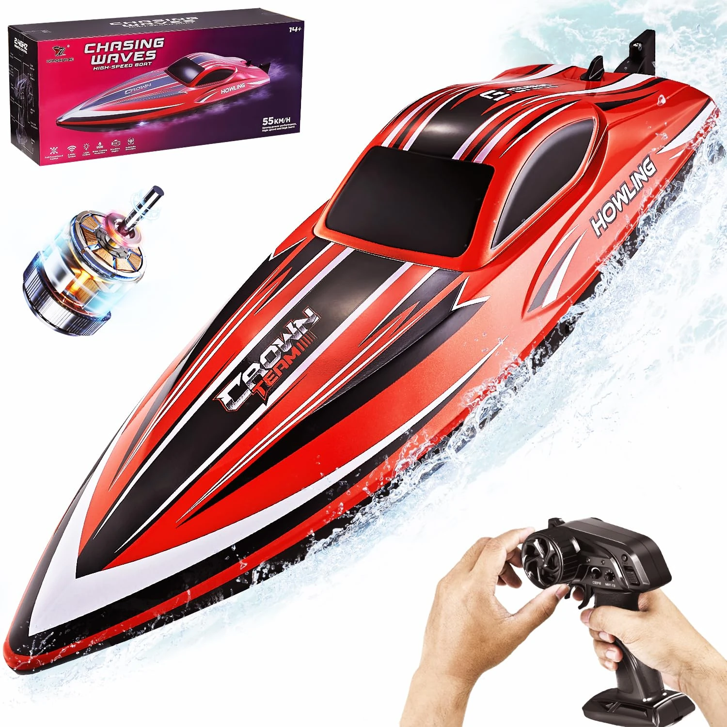 BEZGAR Brushless RC Boat, Fast Speed 55+ KPH Remote Control Boats for Adults and Kids, 16 inch Big Racing Boats Toy for Pool Lakes & Sea with 2000mAh Battery, Waterproof Boat Boys