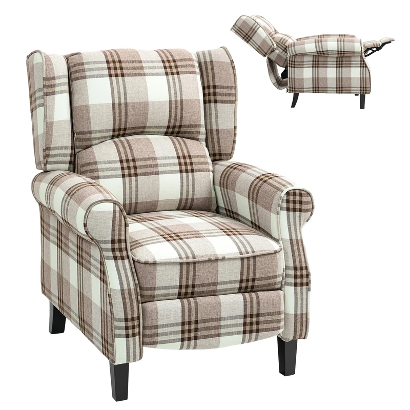 HOMCOM Farmhouse Recliner Armchair for Living Room, Wingback Reclining Chair with Footrest, Round Armrests and Rubber Wood Legs, Brown