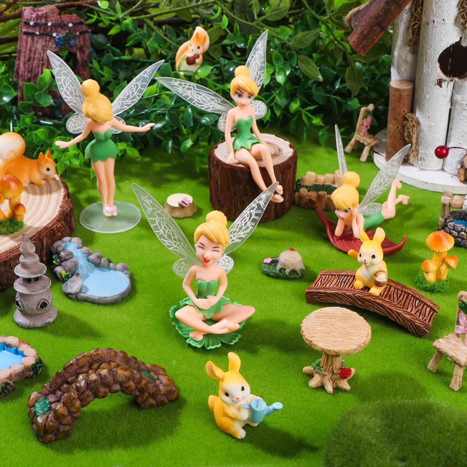 22Pcs Fairy Garden Accessories Miniature Fairies Figures Garden Table and Chairs Set Resin Mini Mushroom Hedgehogs Animals Lights Bridge Arch for Micro Landscape Plant Pots Dollhouse Cake Decor