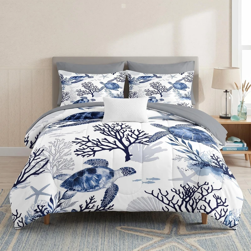 WeCozy 7 Pcs Queen Size Comforter Set with 2 Pillowcases & 2 Shams, Ocean Sea Coral Bedding for Kids and Adults, Blue Animal Turtle Bed in a Bag with Flat Fitted Sheet