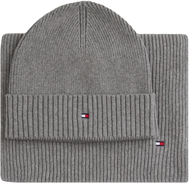 Tommy Hilfiger Men’s Flag Hat and Scarf Gift Set, Grey (Mid Grey Heather), One Size